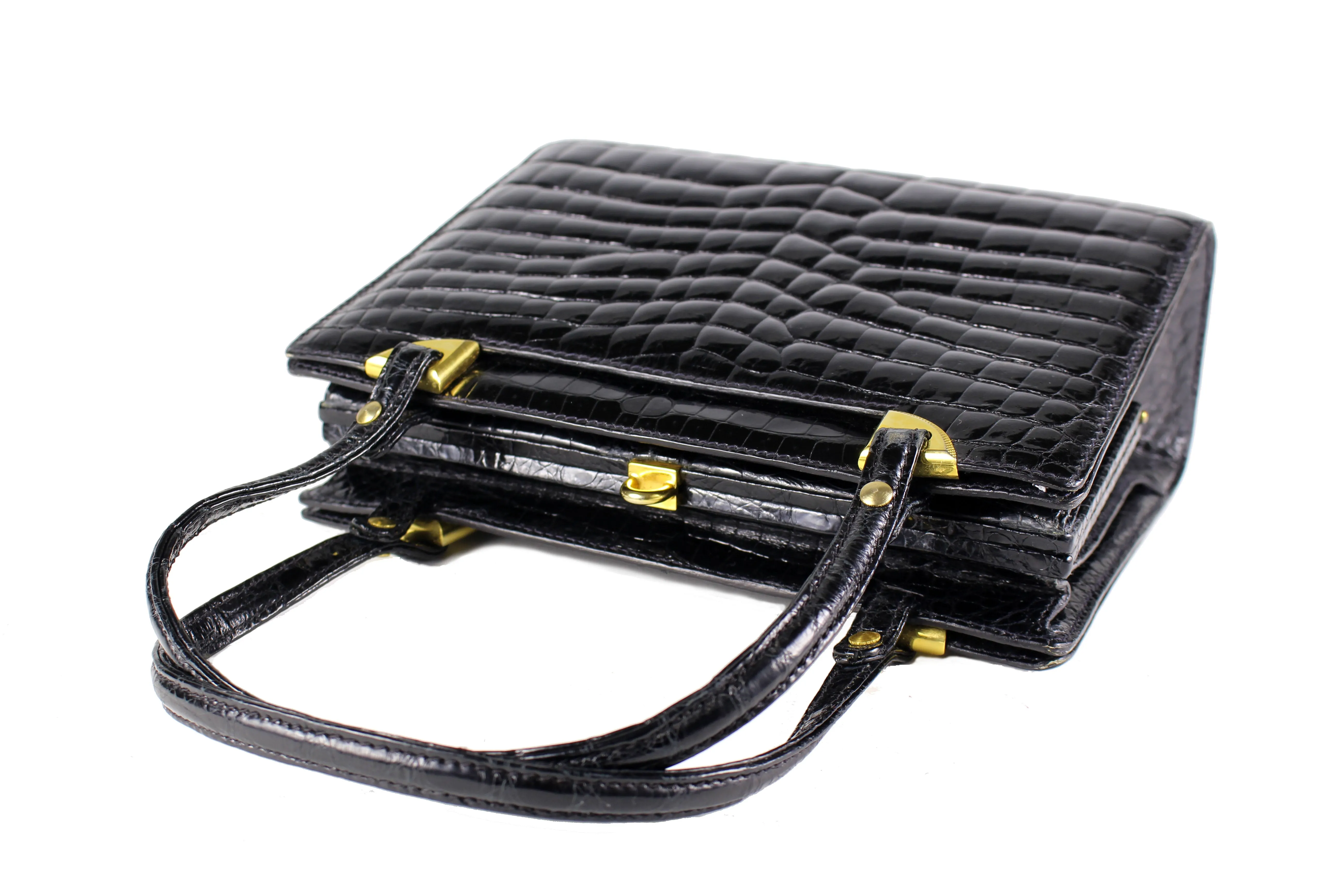 Black crocodile skin frame handbag with twin handles