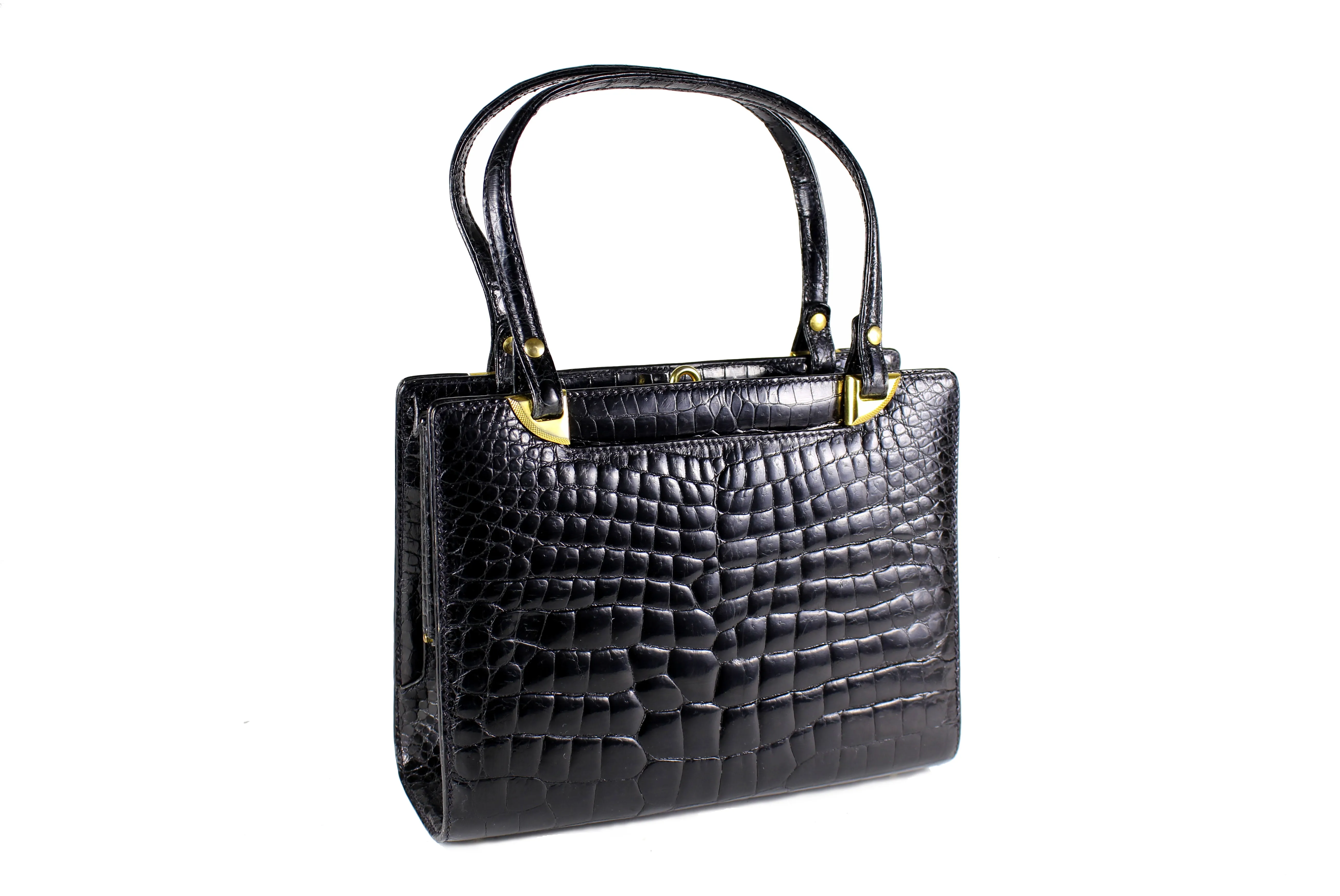 Black crocodile skin frame handbag with twin handles