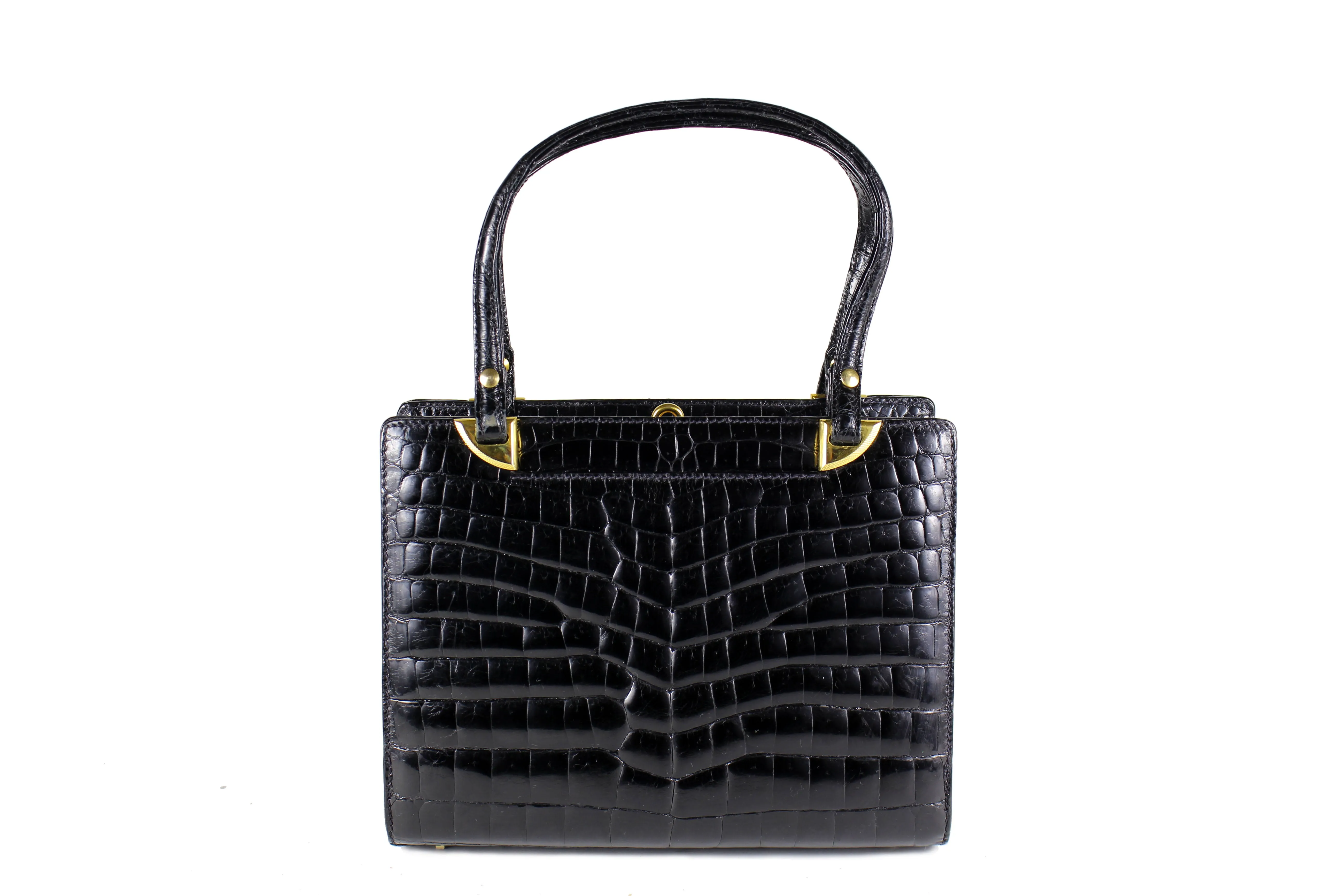 Black crocodile skin frame handbag with twin handles