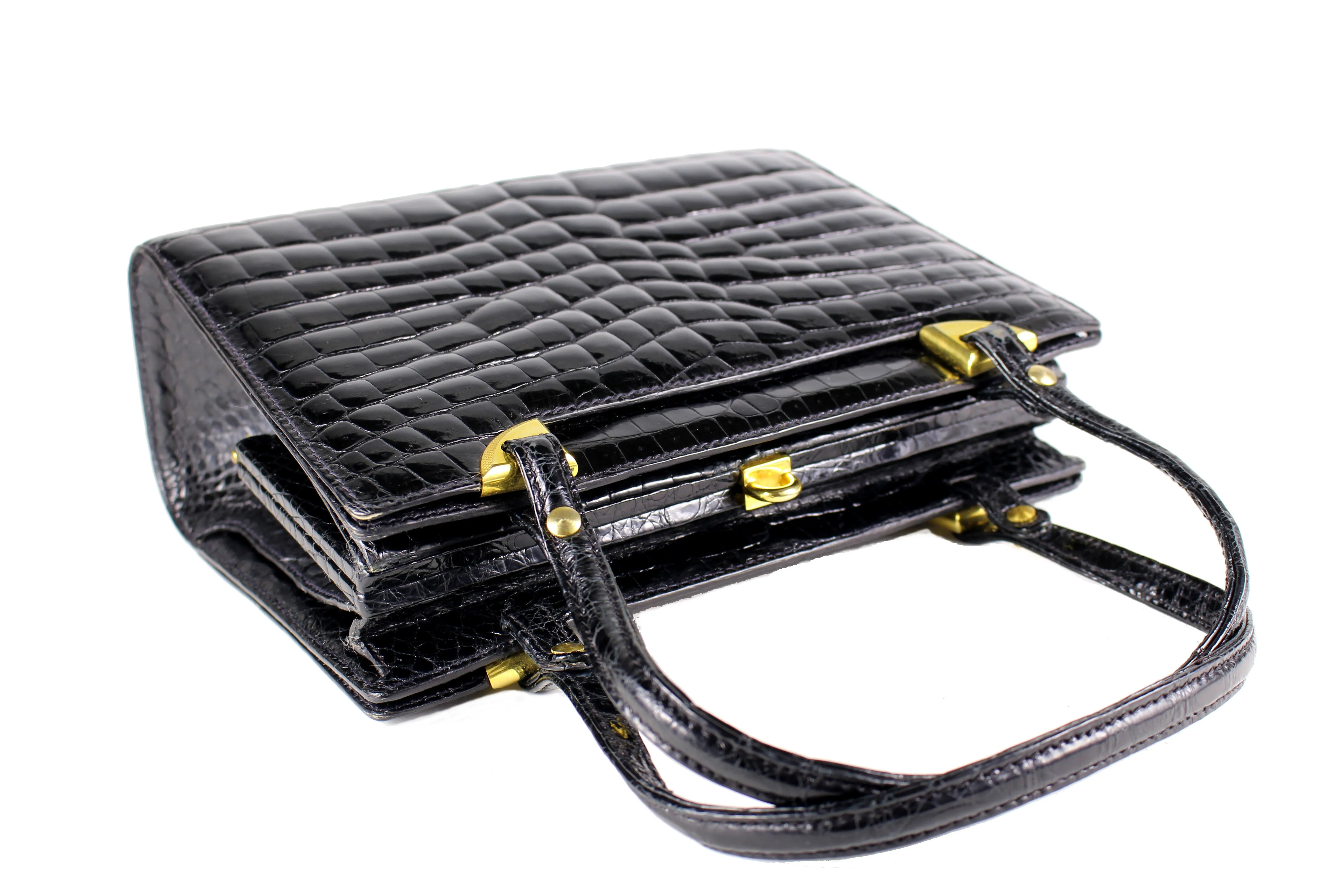 Black crocodile skin frame handbag with twin handles