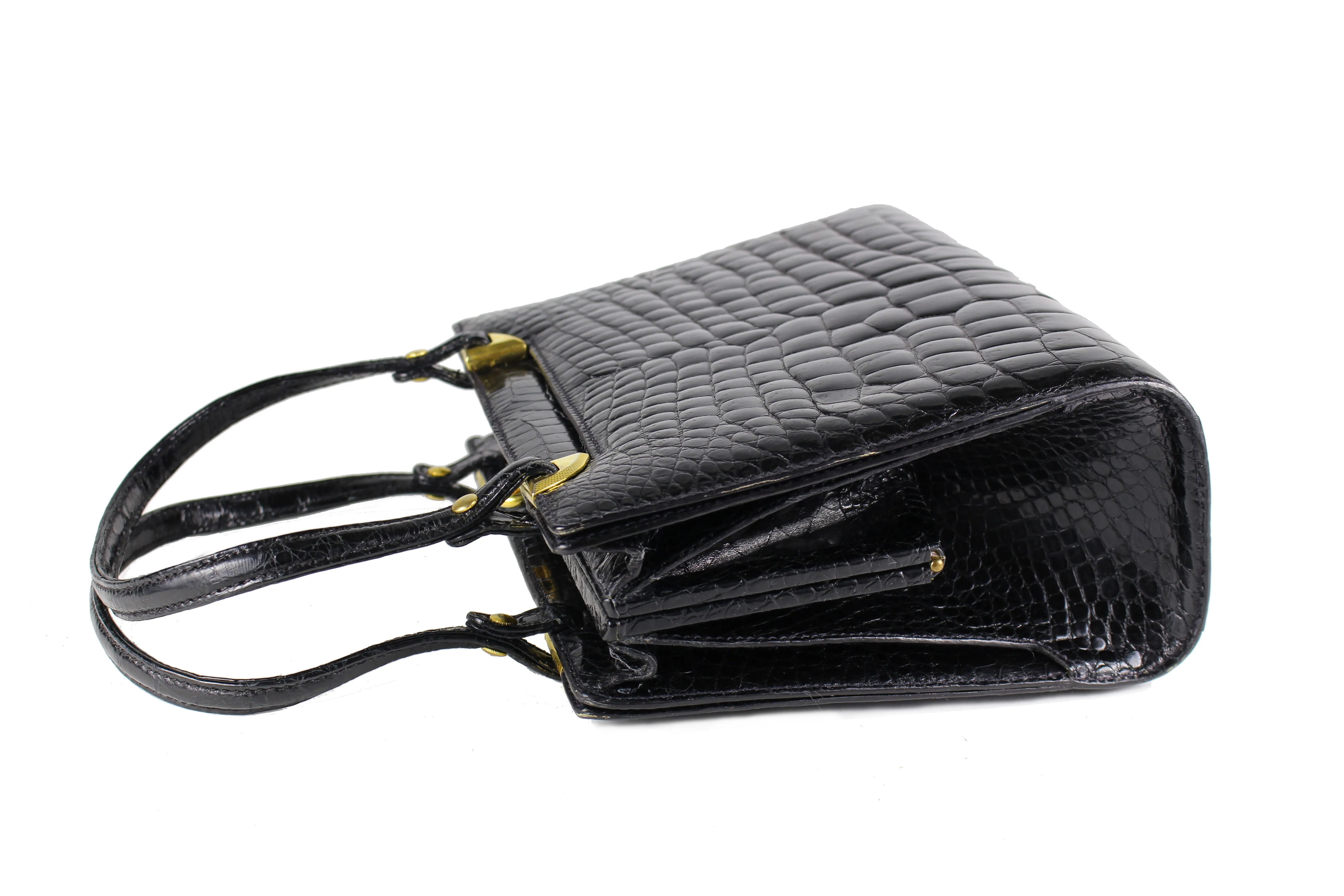 Black crocodile skin frame handbag with twin handles