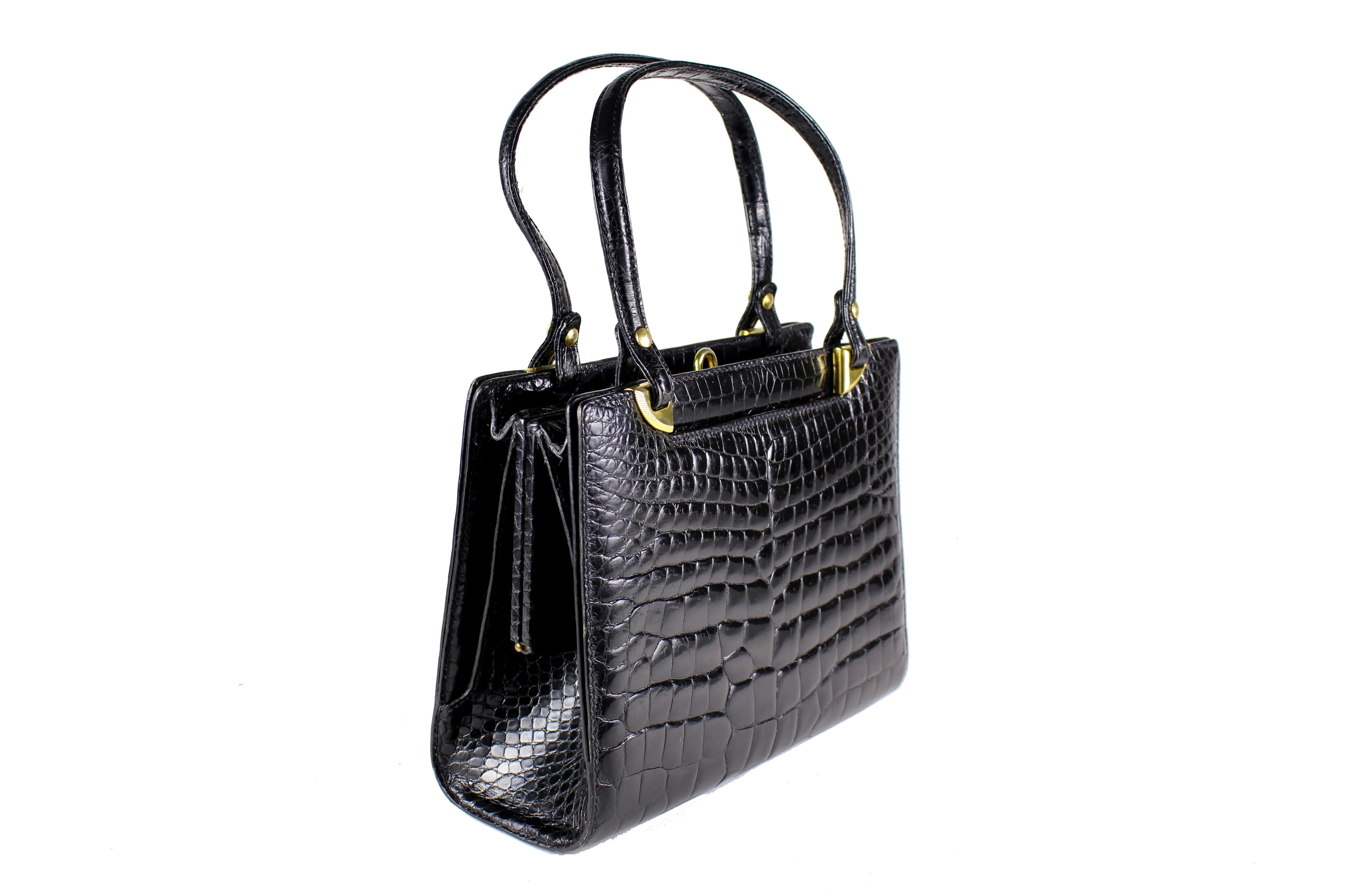 Black crocodile skin frame handbag with twin handles