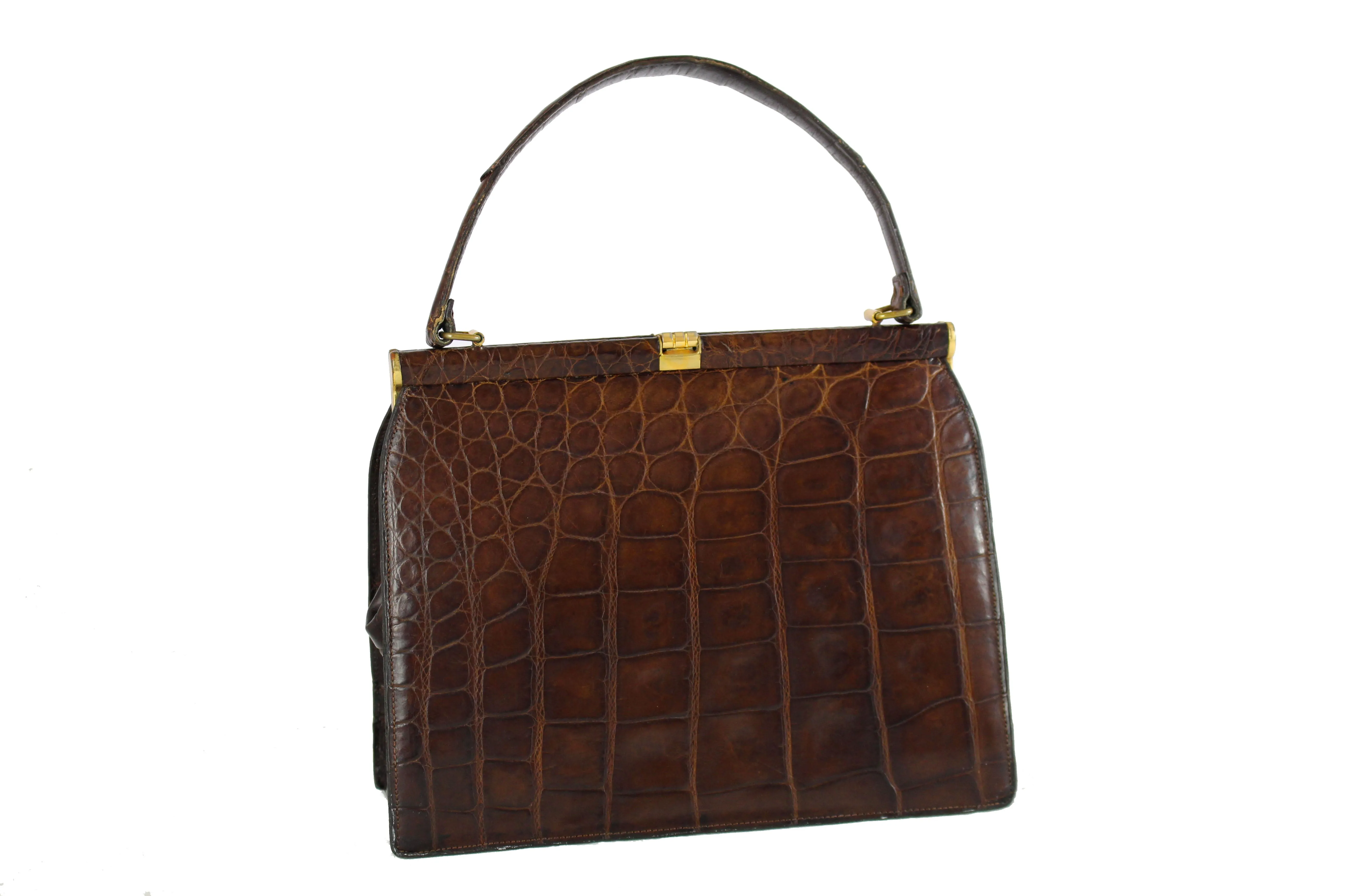 DEAUVILLE chocolate brown crocodile skin handbag