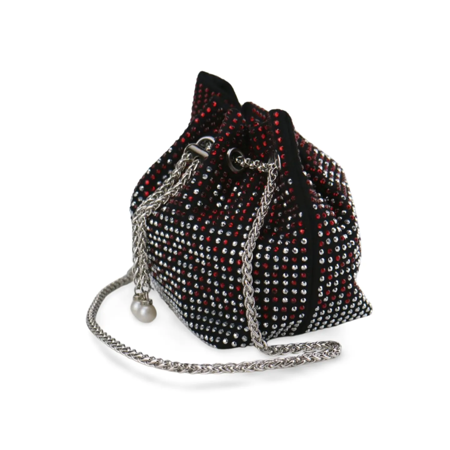 Elegant Bucket Bag With Rhinestones and Pearls With Silver Stainless Steel Chain