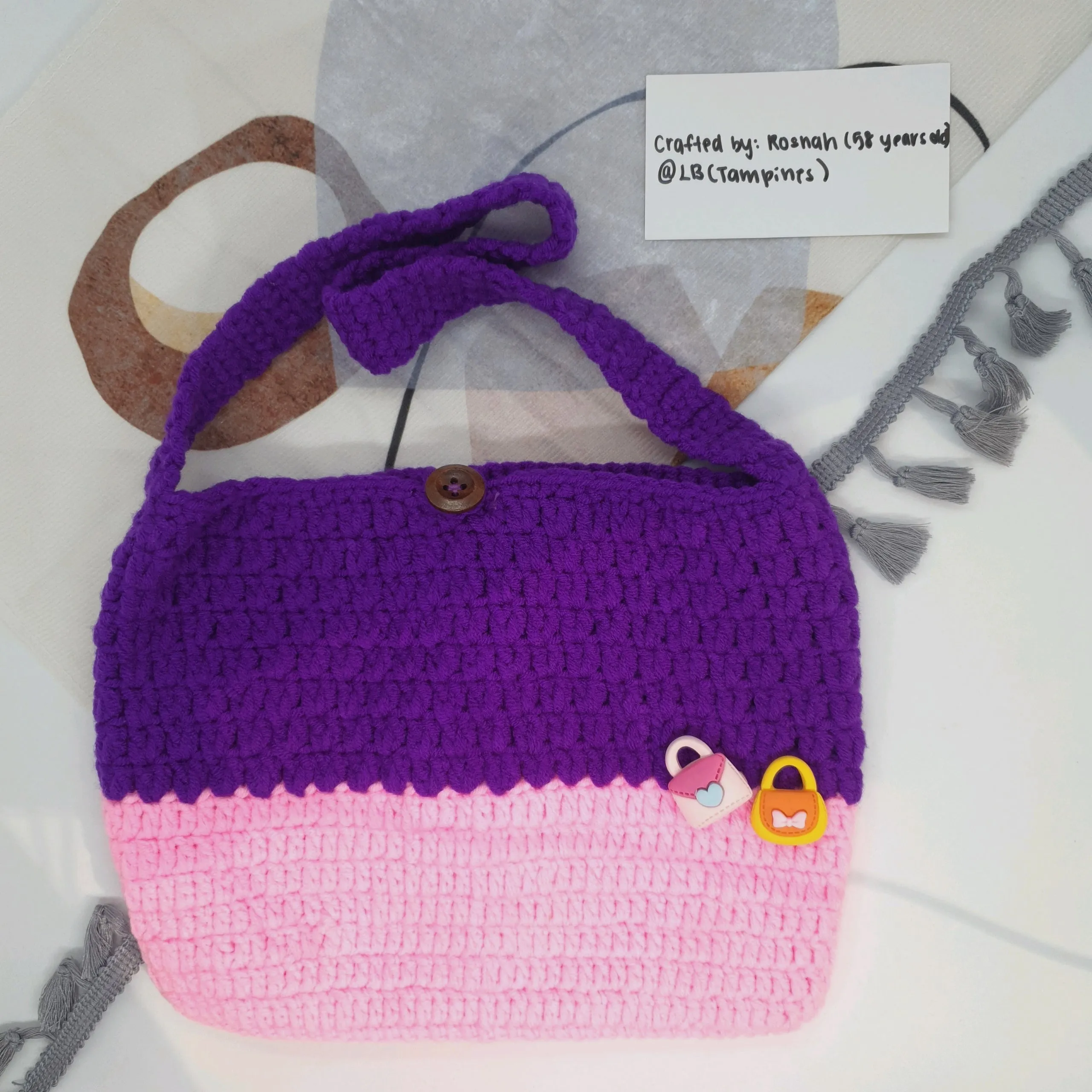 Hand Crocheted Button Handbag with Charms