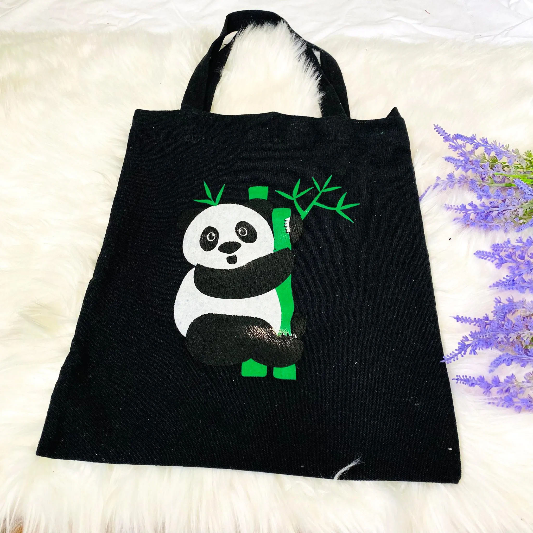 Handmade Cotton Tote Bag, Cute Panda Prints, Black/Beige Tote Bag, Reusable Bag, Zippered Closure, Unisex  Vegan Tote Bag, Ecofriendly Bag