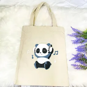 Handmade Cotton Tote Bag, Cute Panda Prints, Black/Beige Tote Bag, Reusable Bag, Zippered Closure, Unisex  Vegan Tote Bag, Ecofriendly Bag