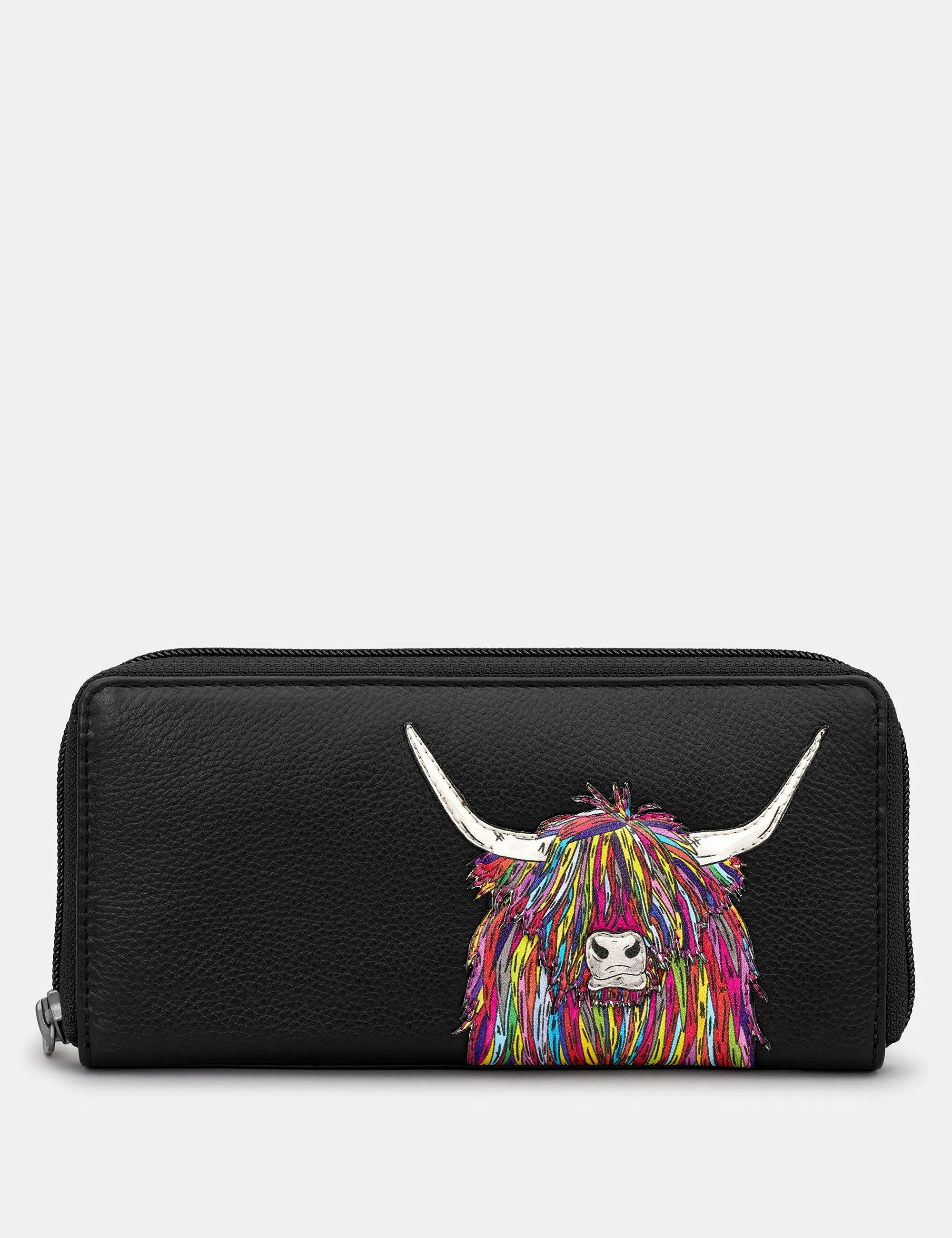 Highland Cow Black Leather Zip Round Purse