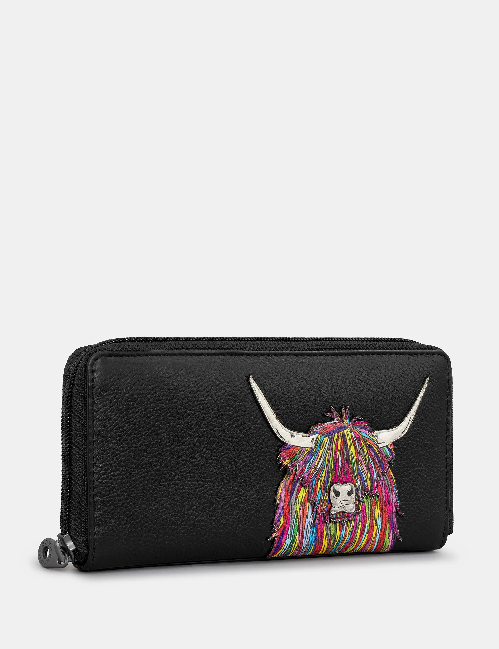 Highland Cow Black Leather Zip Round Purse