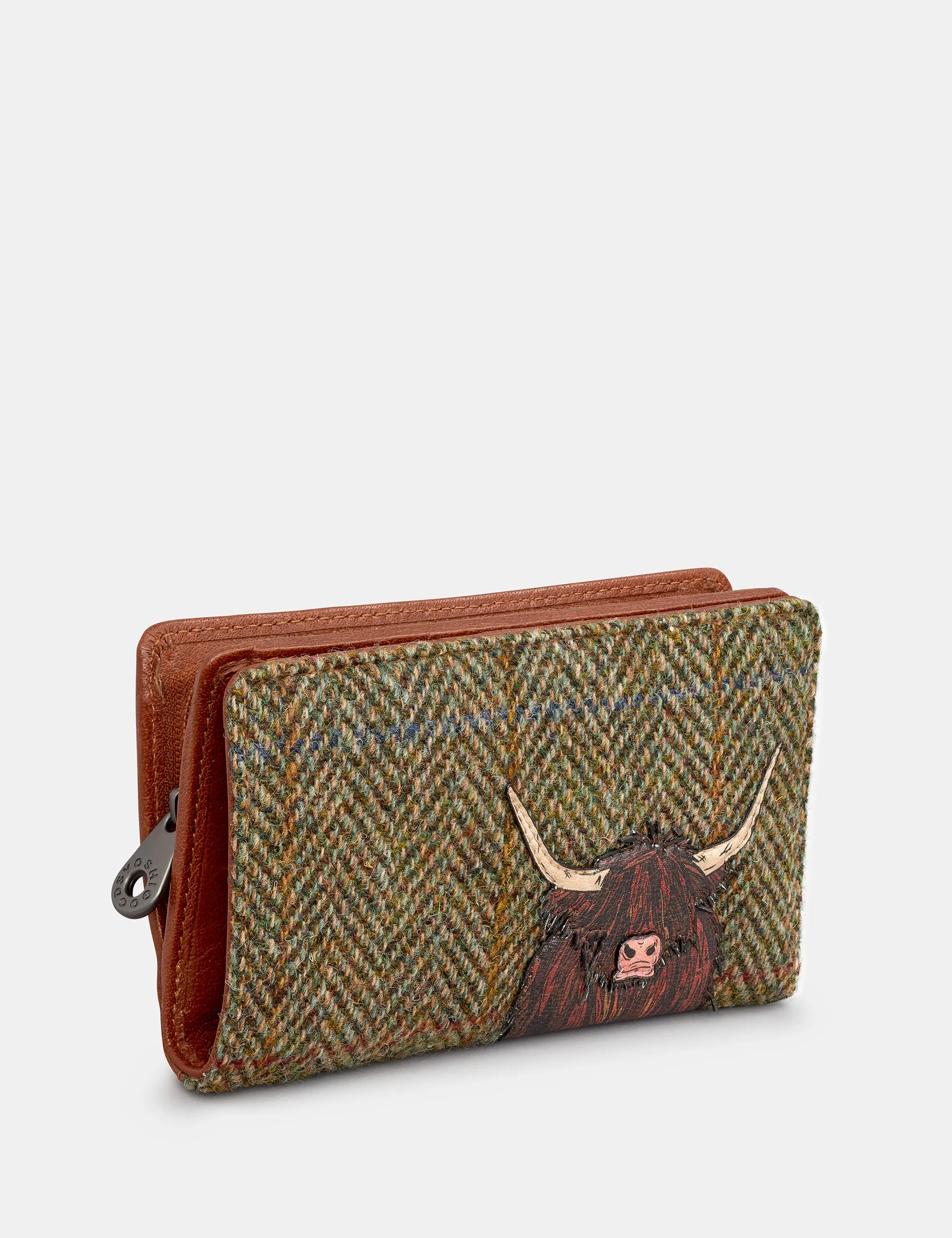 Highland Cow Harris Tweed & Brown Leather Oxford Purse