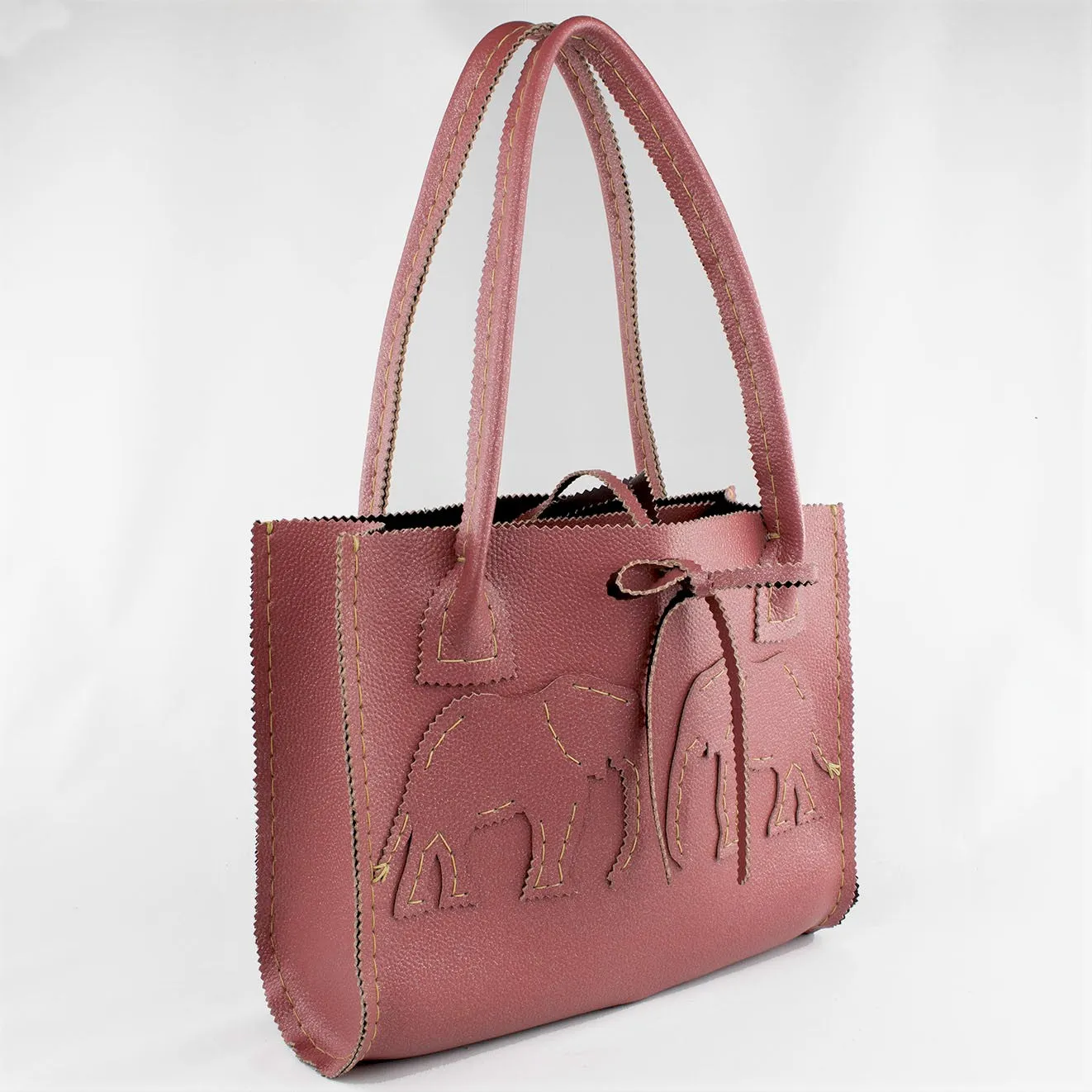 Mauve Pink Leather Handbag with Elephants and Silver Shimmer