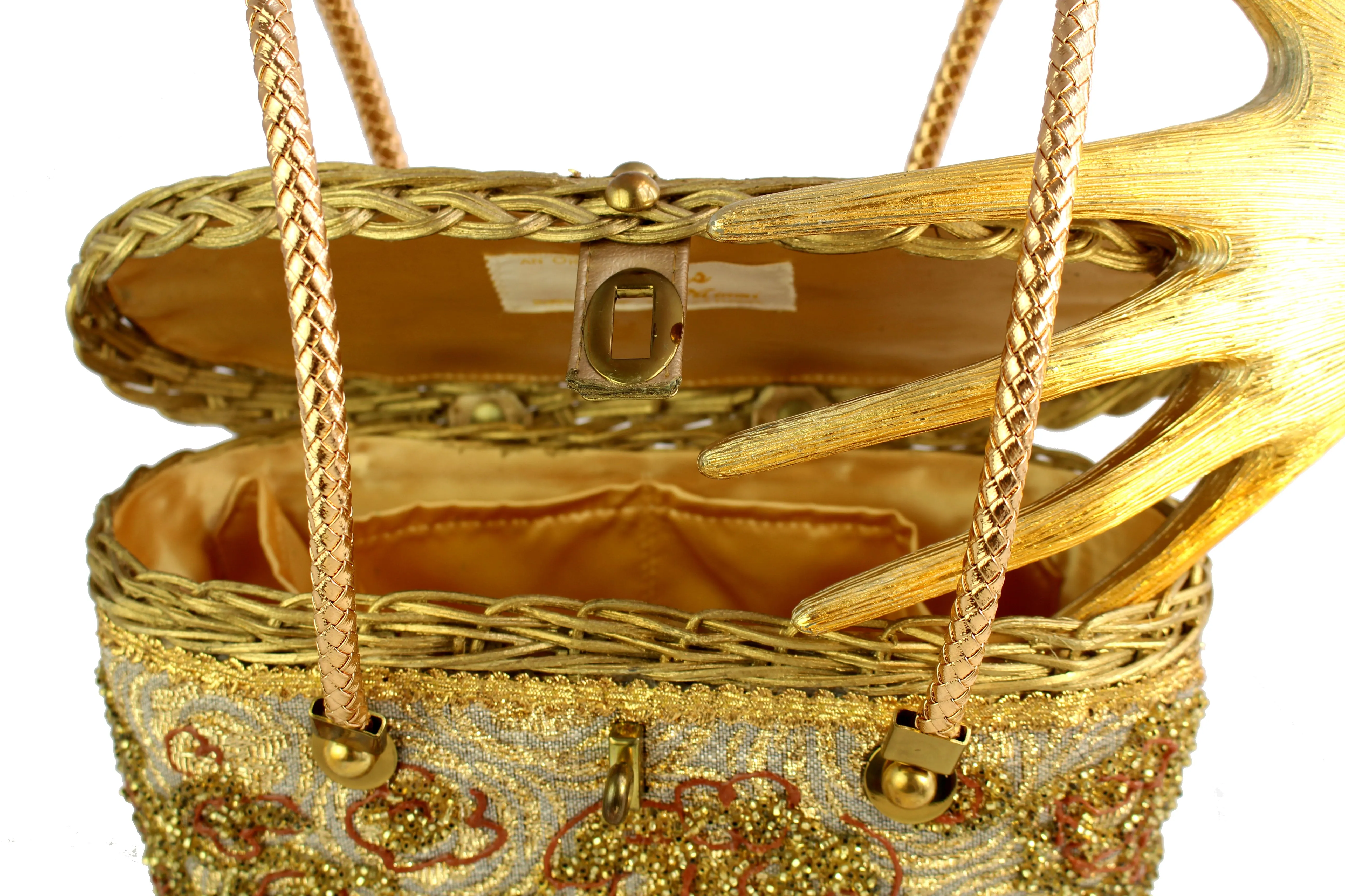 MIDAS OF MIAMI golden wicker handbag with gold beads