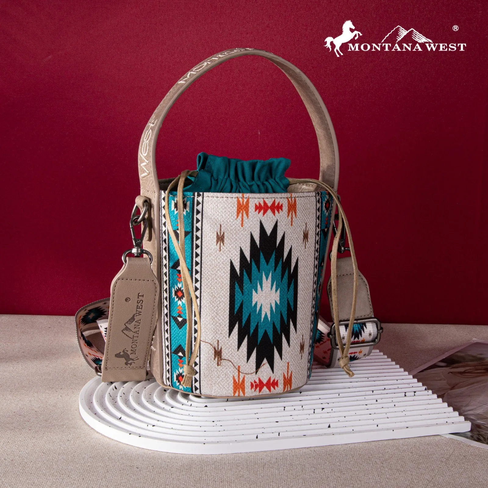 Montana West Aztec Drawstring Bucket Crossbody Bag