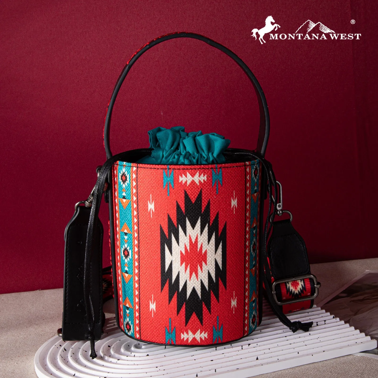 Montana West Aztec Drawstring Bucket Crossbody Bag