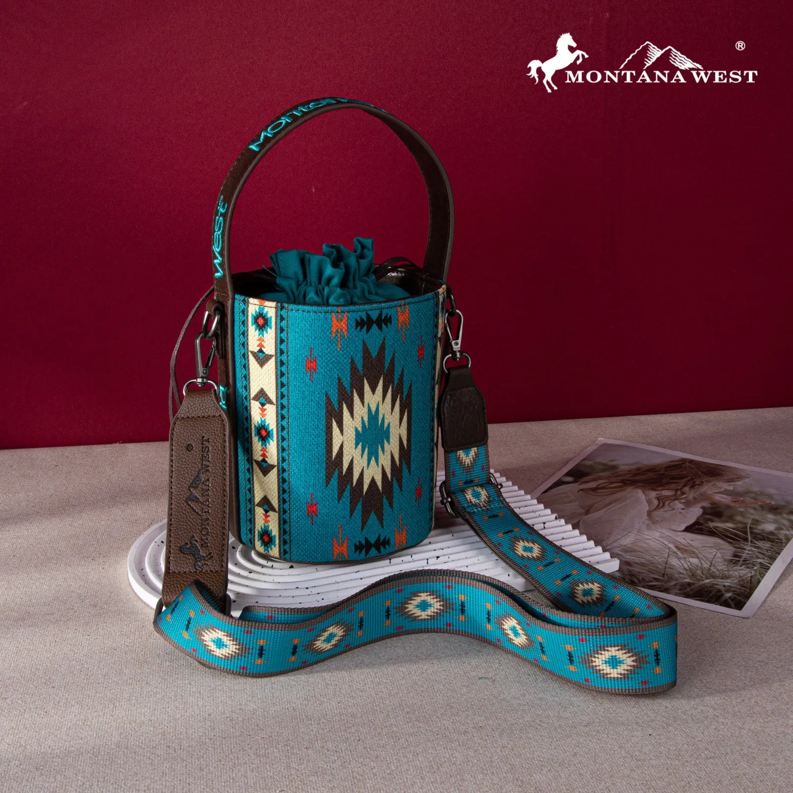 Montana West Aztec Drawstring Bucket Crossbody Bag