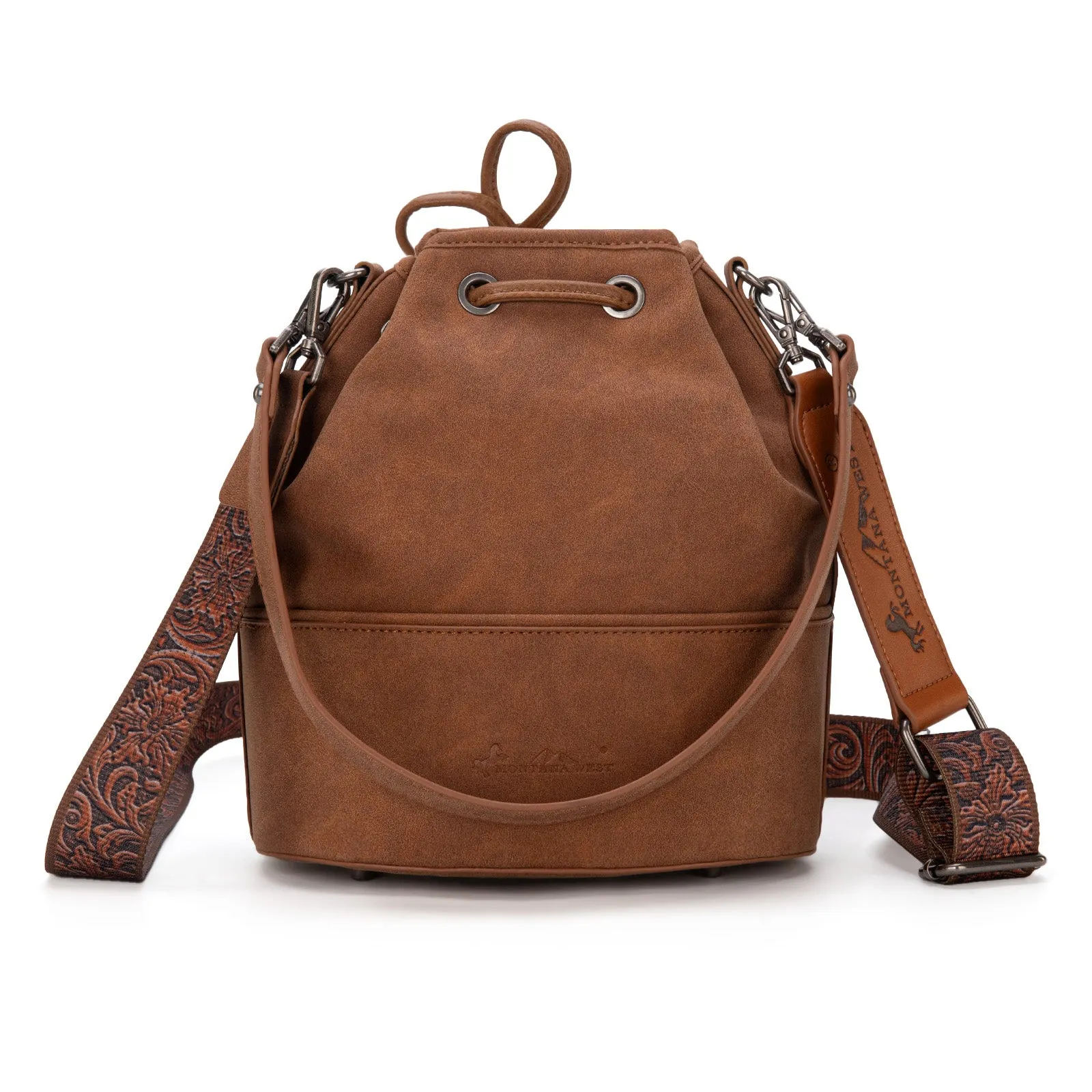 MW1275-8360 Montana West Cowhide Tooled Bucket Shoulder/Crossbody Bag- Brown