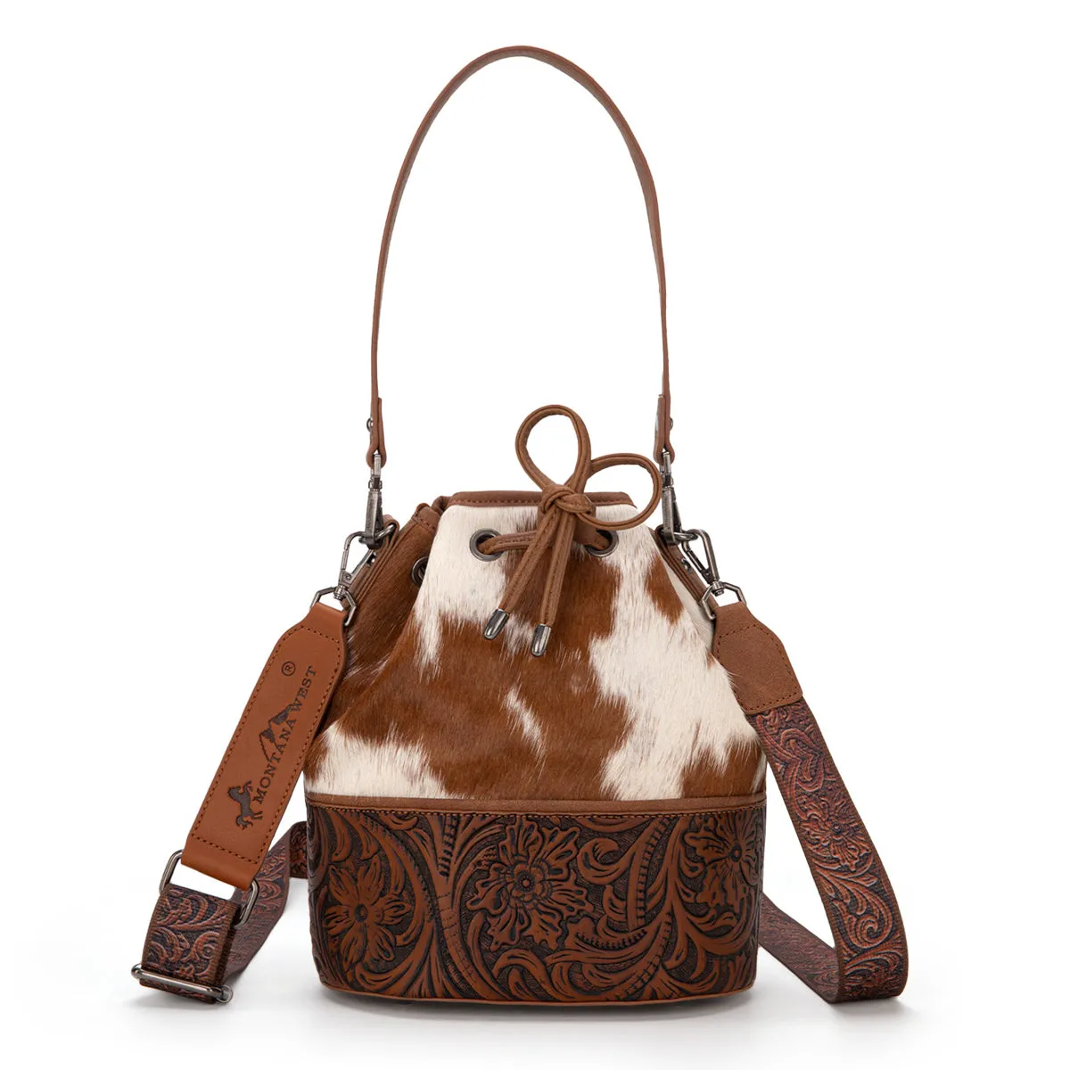 MW1275-8360 Montana West Cowhide Tooled Bucket Shoulder/Crossbody Bag- Brown