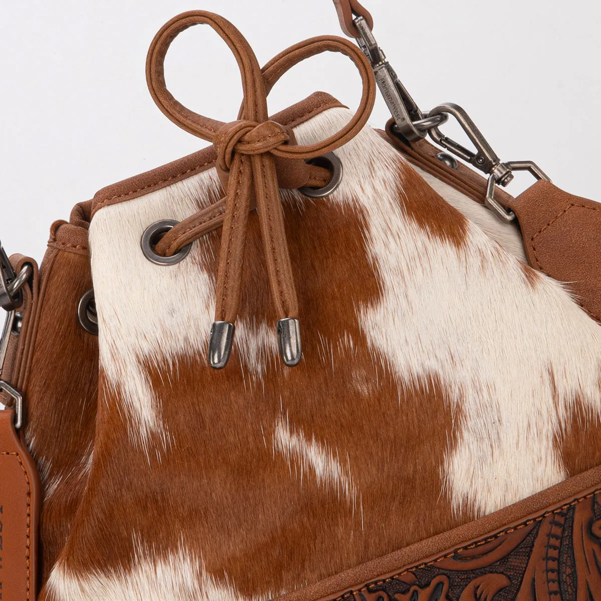 MW1275-8360 Montana West Cowhide Tooled Bucket Shoulder/Crossbody Bag- Brown