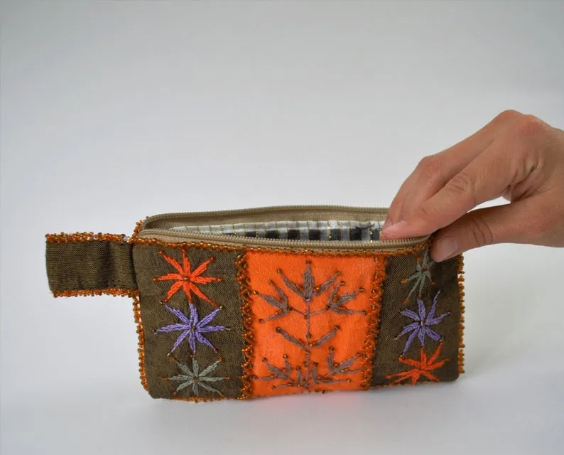 Orange embroidered purse, Beaded Sinai wallet