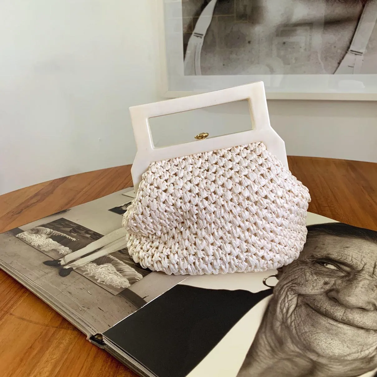 Vintage 60s White Raffia Woven Handbag