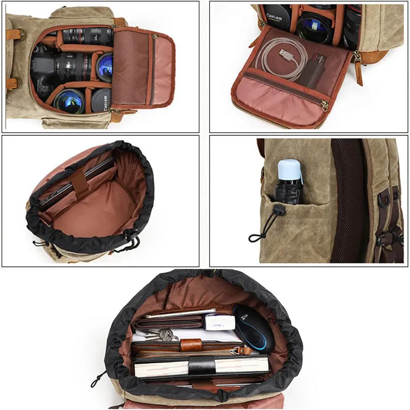 Waterproof Canvas DSLR Camera Backpack Waxed Canvas Laptop Backpack Travel Backpack QSM3102